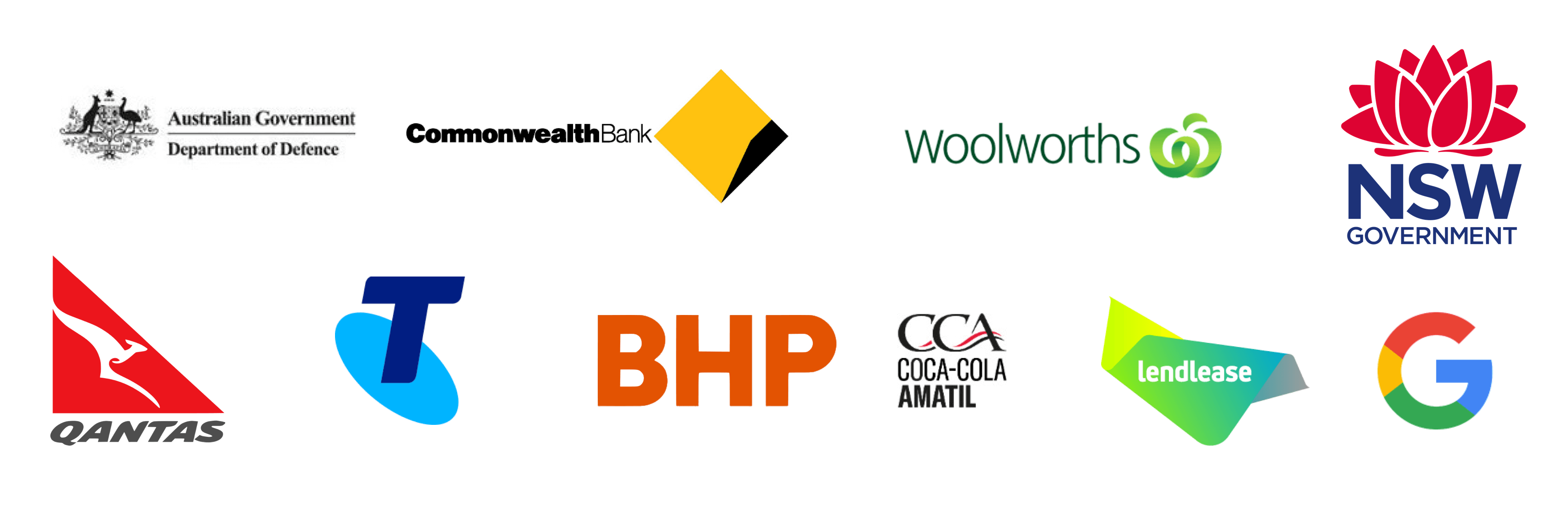 NSW government, Commonwealth bank, Australian Government Department of Defense, Woolworths, Quantas, Telstra, BHP, Coca Cola Amatil, Leandlease, Google